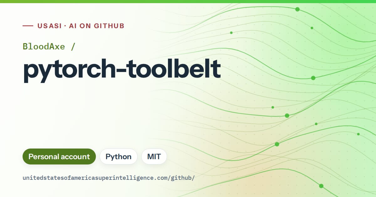 Generated green flowing-wave artwork for BloodAxe/pytorch-toolbelt, labeled USASI · AI on GitHub, with Personal account · Python · MIT.