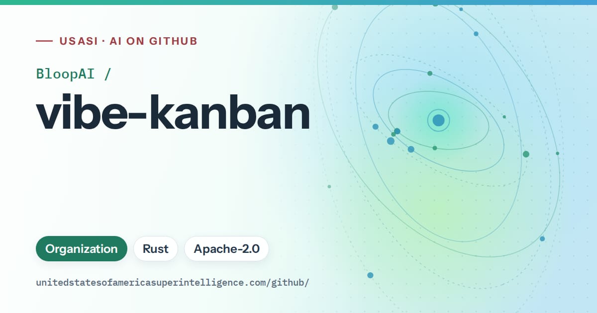 Generated teal orbit artwork for BloopAI/vibe-kanban, labeled USASI · AI on GitHub, with Organization · Rust · Apache-2.0.