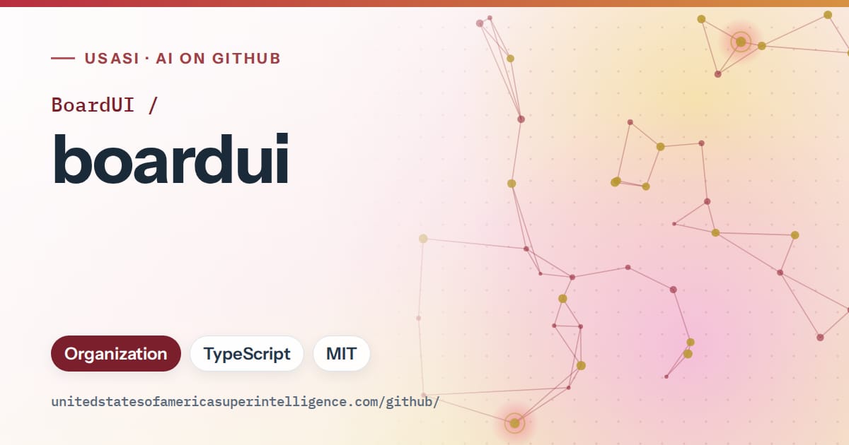 Generated red constellation network artwork for BoardUI/boardui, labeled USASI · AI on GitHub, with Organization · TypeScript · MIT.