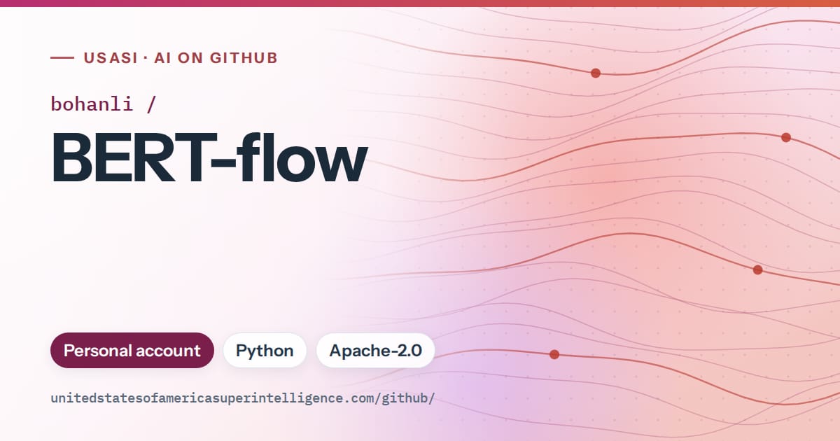 Generated pink flowing-wave artwork for bohanli/BERT-flow, labeled USASI · AI on GitHub, with Personal account · Python · Apache-2.0.