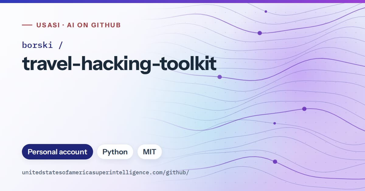 Generated blue flowing-wave artwork for borski/travel-hacking-toolkit, labeled USASI · AI on GitHub, with Personal account · Python · MIT.