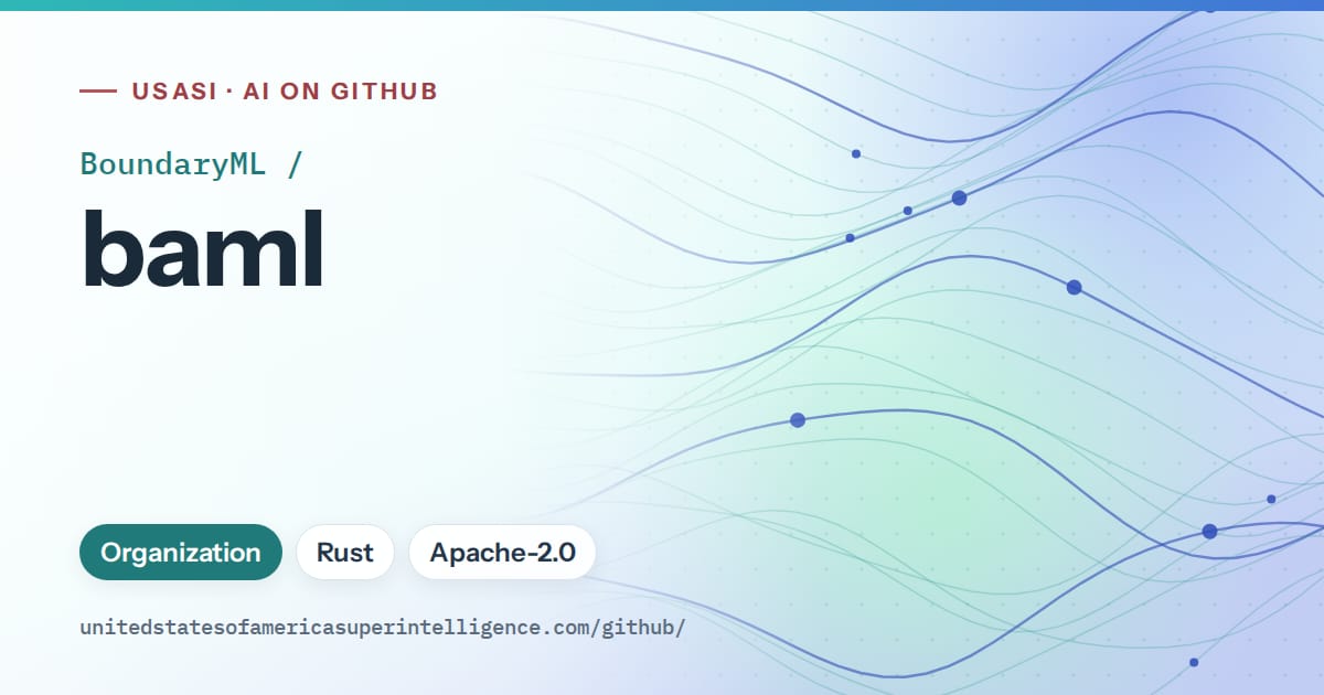 Generated teal flowing-wave artwork for BoundaryML/baml, labeled USASI · AI on GitHub, with Organization · Rust · Apache-2.0.