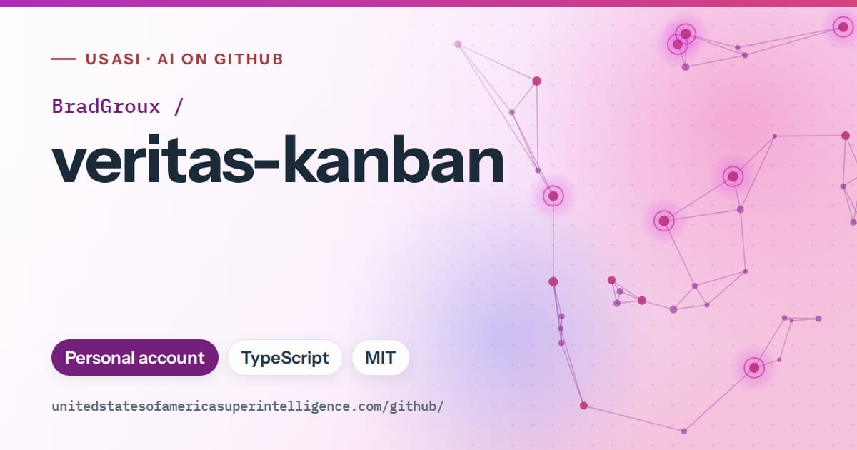 Generated purple constellation network artwork for BradGroux/veritas-kanban, labeled USASI · AI on GitHub, with Personal account · TypeScript · MIT.