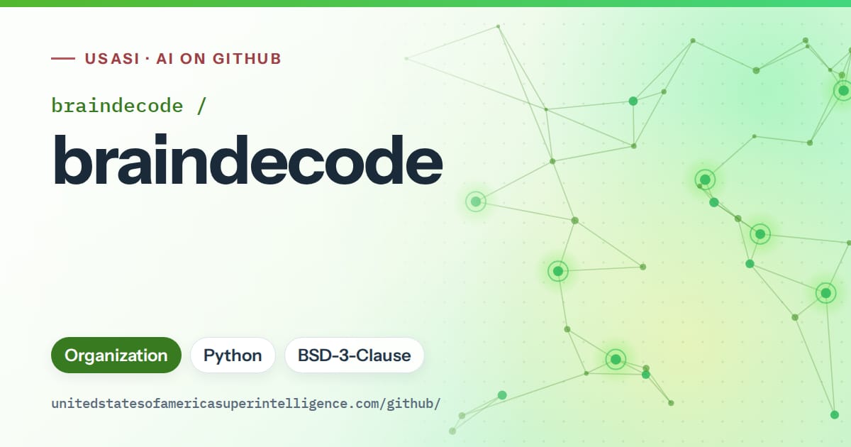 Generated green constellation network artwork for braindecode/braindecode, labeled USASI · AI on GitHub, with Organization · Python · BSD-3-Clause.