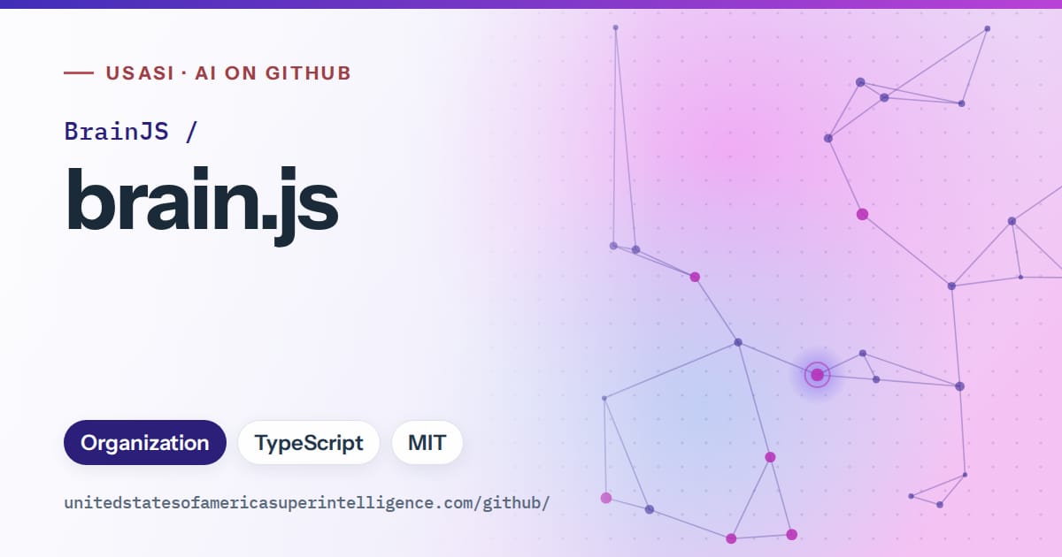 Generated blue constellation network artwork for BrainJS/brain.js, labeled USASI · AI on GitHub, with Organization · TypeScript · MIT.