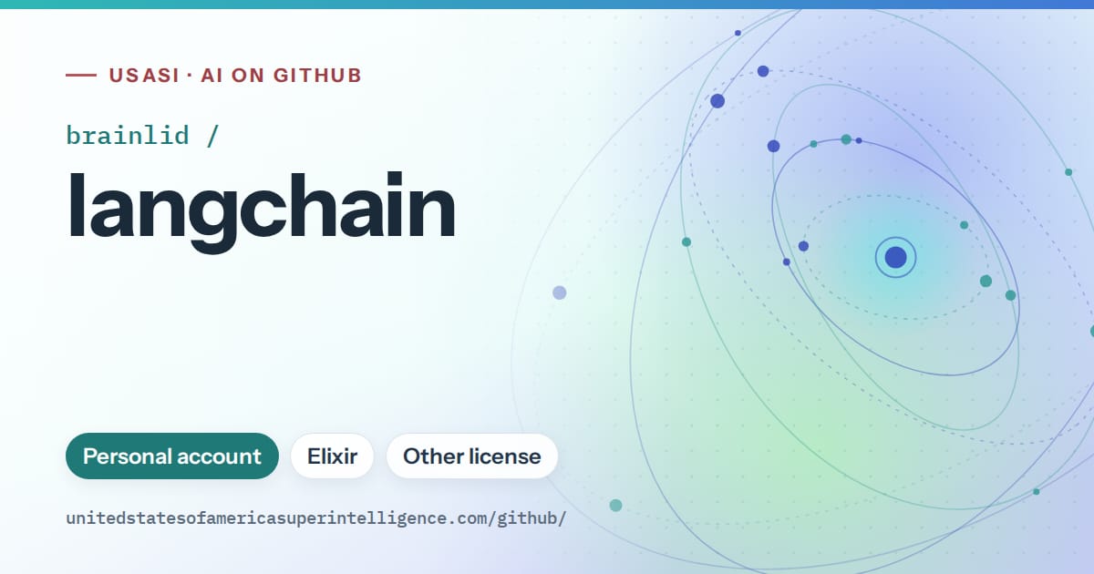 Generated teal orbit artwork for brainlid/langchain, labeled USASI · AI on GitHub, with Personal account · Elixir · Other license.