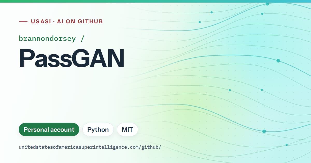 Generated green flowing-wave artwork for brannondorsey/PassGAN, labeled USASI · AI on GitHub, with Personal account · Python · MIT.