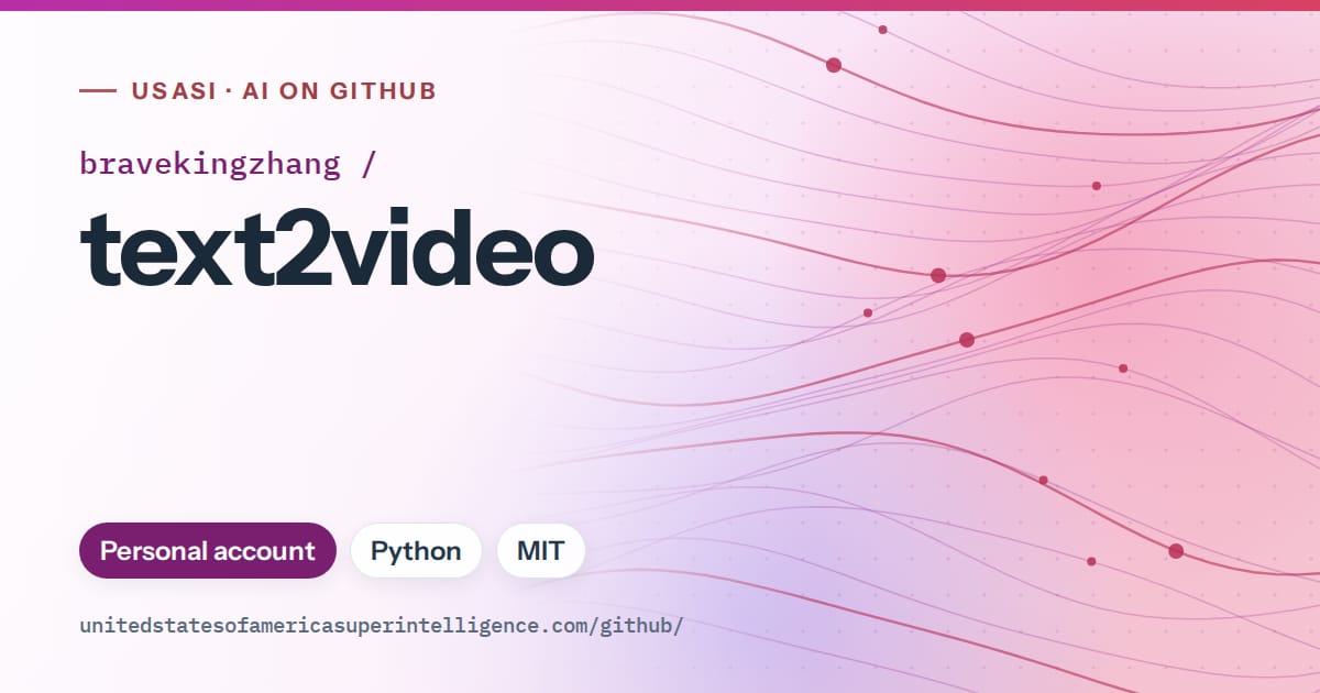 Generated purple flowing-wave artwork for bravekingzhang/text2video, labeled USASI · AI on GitHub, with Personal account · Python · MIT.