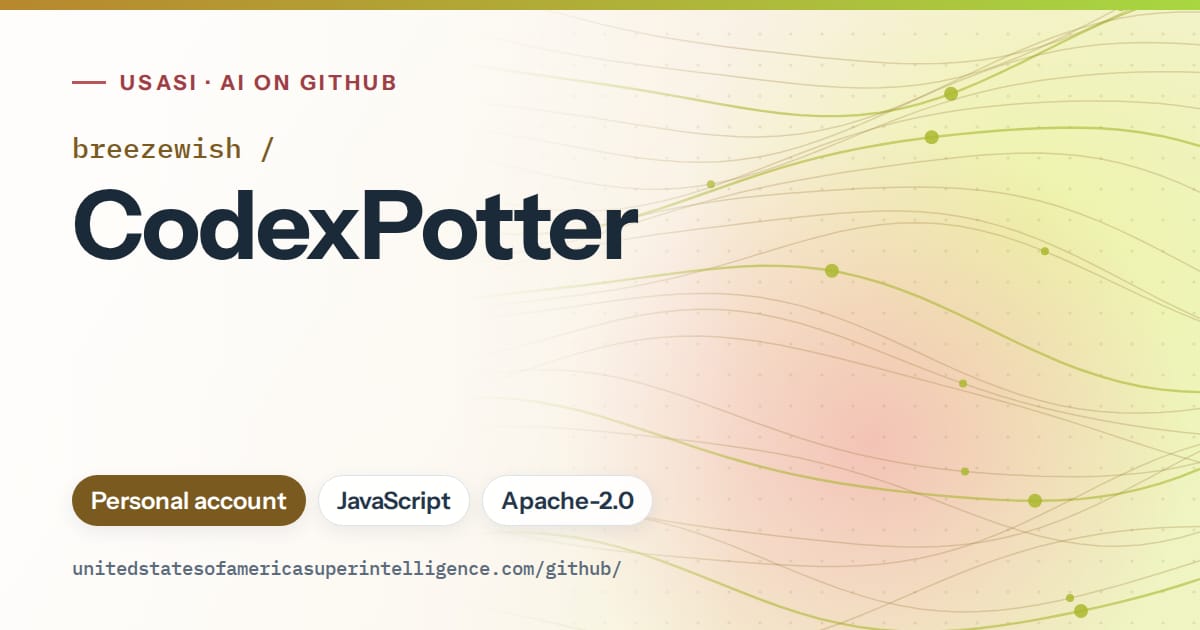 Generated orange flowing-wave artwork for breezewish/CodexPotter, labeled USASI · AI on GitHub, with Personal account · JavaScript · Apache-2.0.