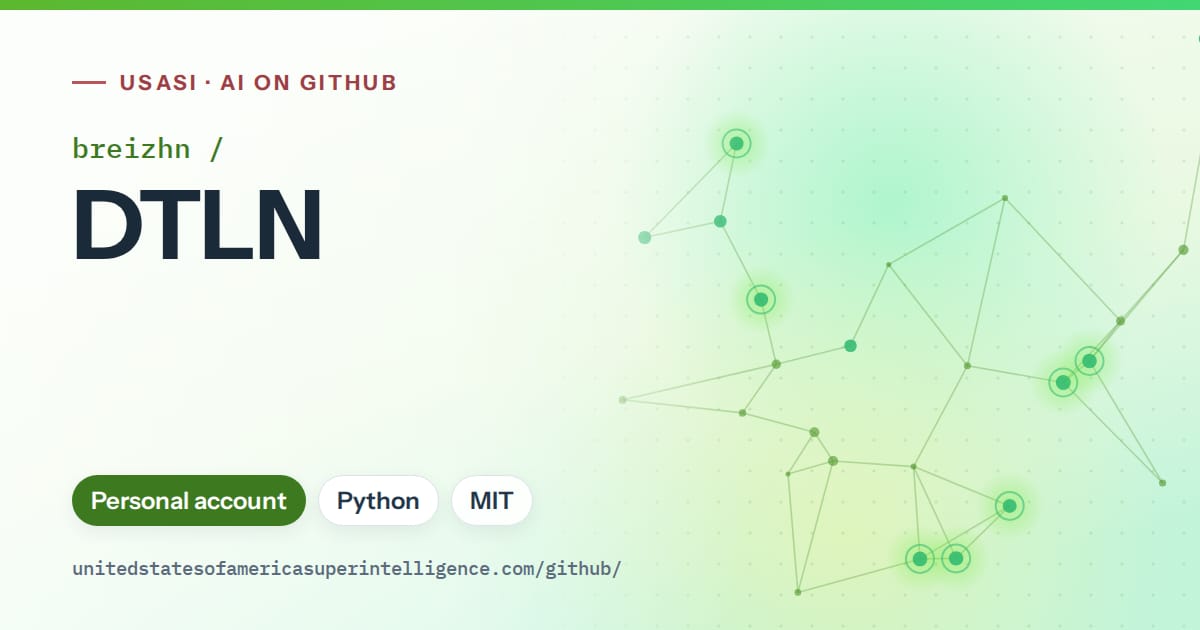 Generated green constellation network artwork for breizhn/DTLN, labeled USASI · AI on GitHub, with Personal account · Python · MIT.