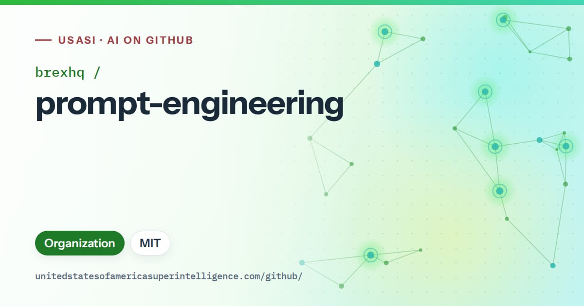 Generated green constellation network artwork for brexhq/prompt-engineering, labeled USASI · AI on GitHub, with Organization · MIT.
