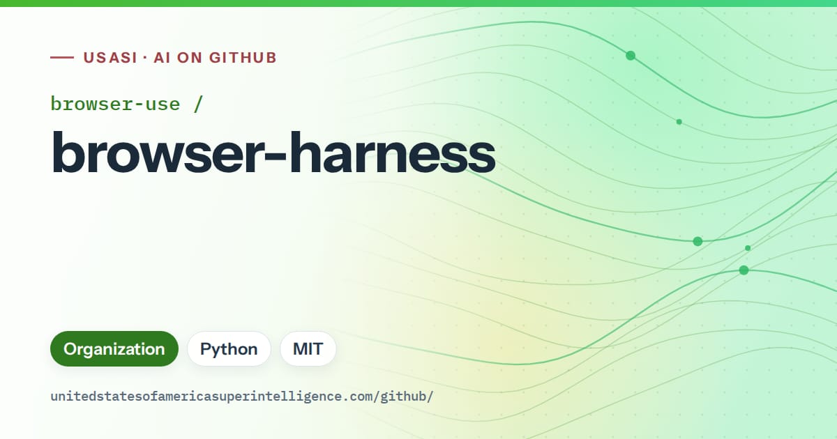 Generated green flowing-wave artwork for browser-use/browser-harness, labeled USASI · AI on GitHub, with Organization · Python · MIT.
