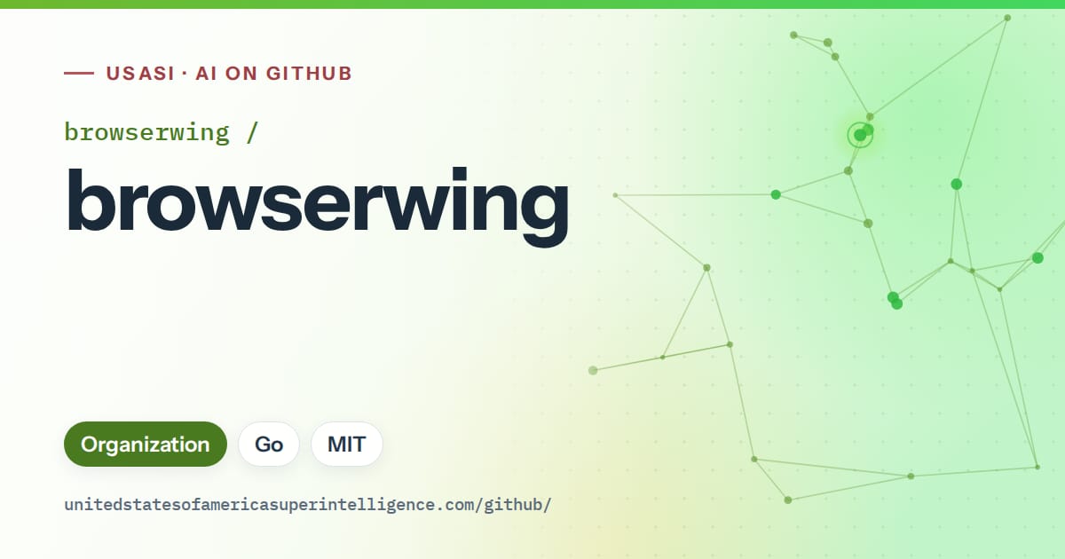 Generated green constellation network artwork for browserwing/browserwing, labeled USASI · AI on GitHub, with Organization · Go · MIT.