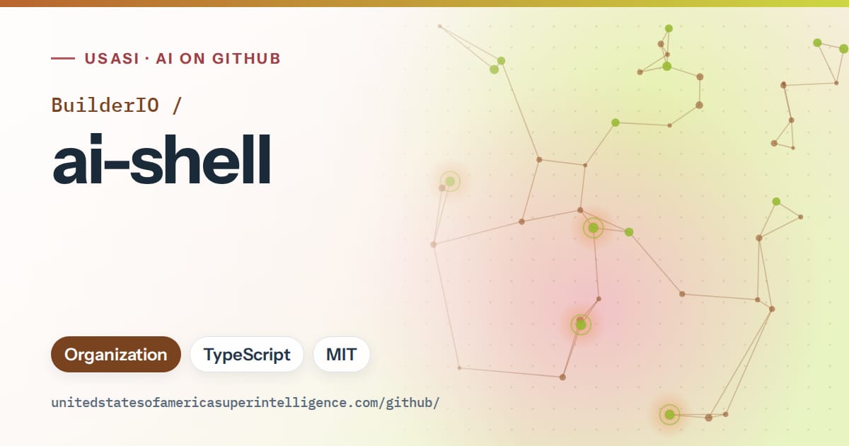 Generated orange constellation network artwork for BuilderIO/ai-shell, labeled USASI · AI on GitHub, with Organization · TypeScript · MIT.