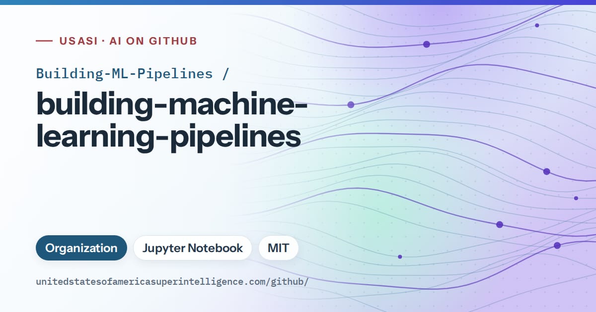 Generated sky blue flowing-wave artwork for Building-ML-Pipelines/building-machine-learning-pipelines, labeled USASI · AI on GitHub, with Organization · Jupyter Notebook · MIT.