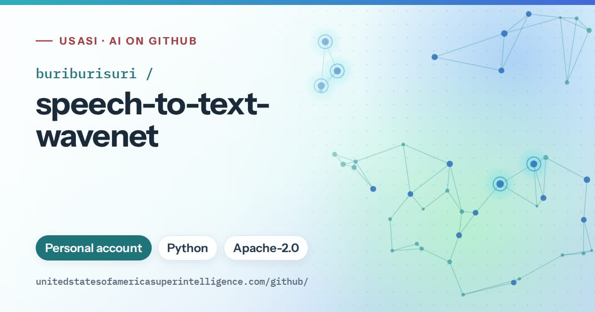 Generated teal constellation network artwork for buriburisuri/speech-to-text-wavenet, labeled USASI · AI on GitHub, with Personal account · Python · Apache-2.0.