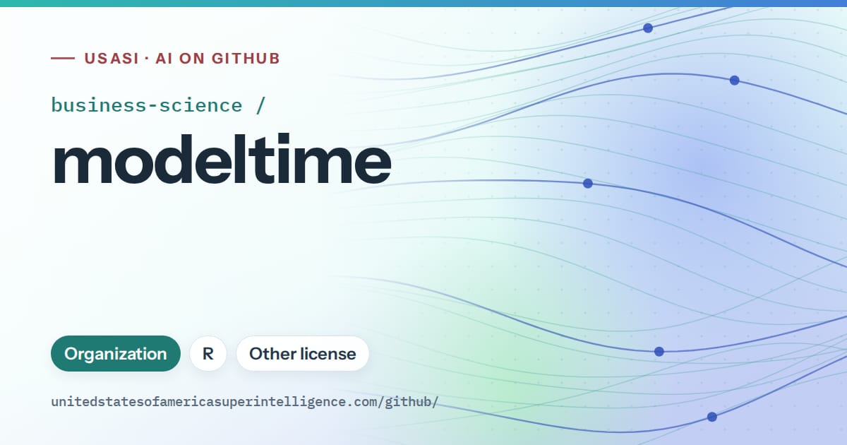 Generated teal flowing-wave artwork for business-science/modeltime, labeled USASI · AI on GitHub, with Organization · R · Other license.