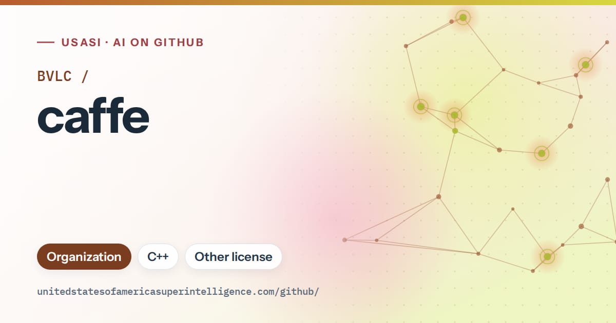 Generated orange constellation network artwork for BVLC/caffe, labeled USASI · AI on GitHub, with Organization · C++ · Other license.