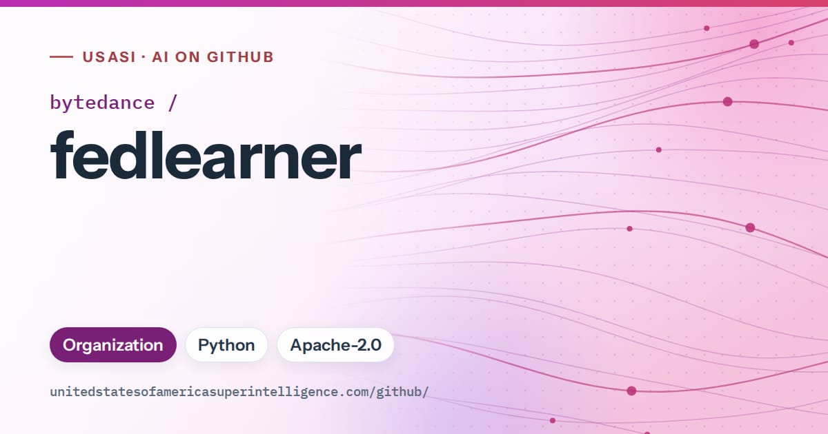 Generated purple flowing-wave artwork for bytedance/fedlearner, labeled USASI · AI on GitHub, with Organization · Python · Apache-2.0.
