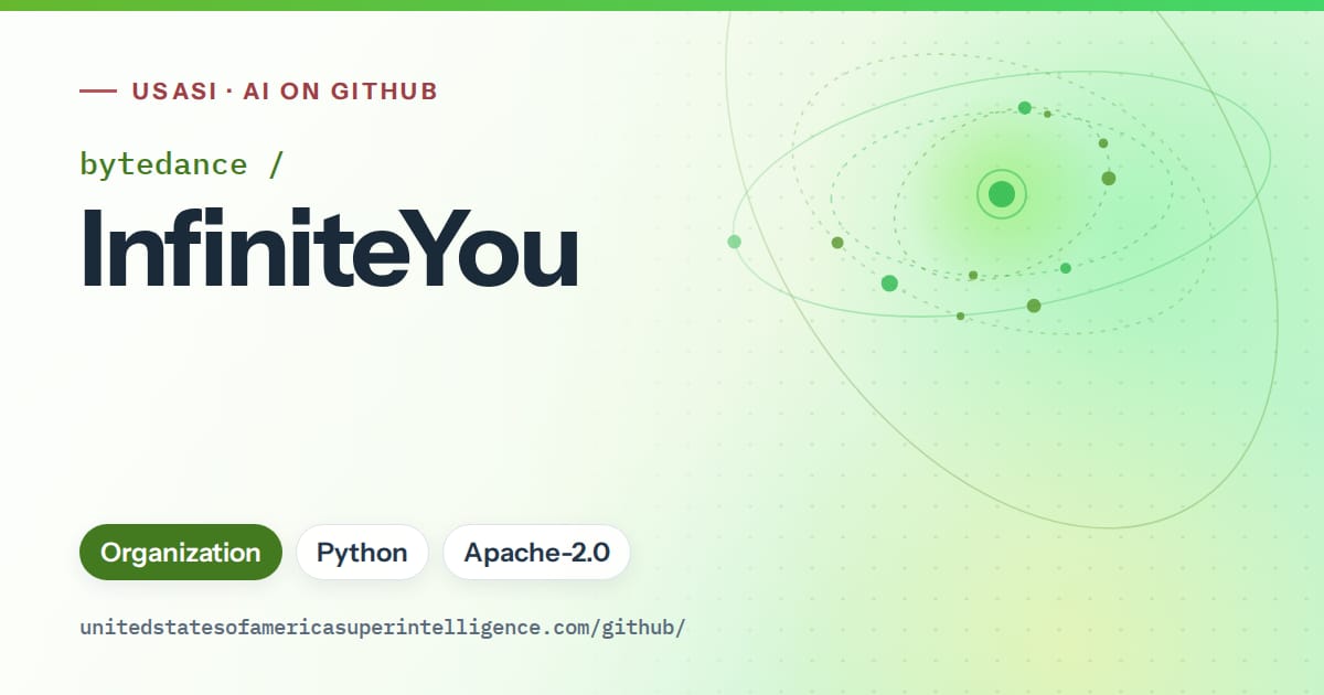 Generated green orbit artwork for bytedance/InfiniteYou, labeled USASI · AI on GitHub, with Organization · Python · Apache-2.0.