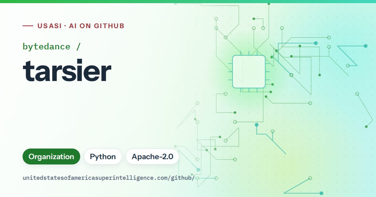Generated green circuit-trace artwork for bytedance/tarsier, labeled USASI · AI on GitHub, with Organization · Python · Apache-2.0.