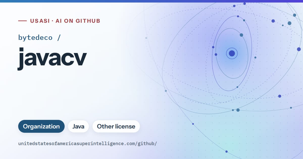 Generated sky blue orbit artwork for bytedeco/javacv, labeled USASI · AI on GitHub, with Organization · Java · Other license.