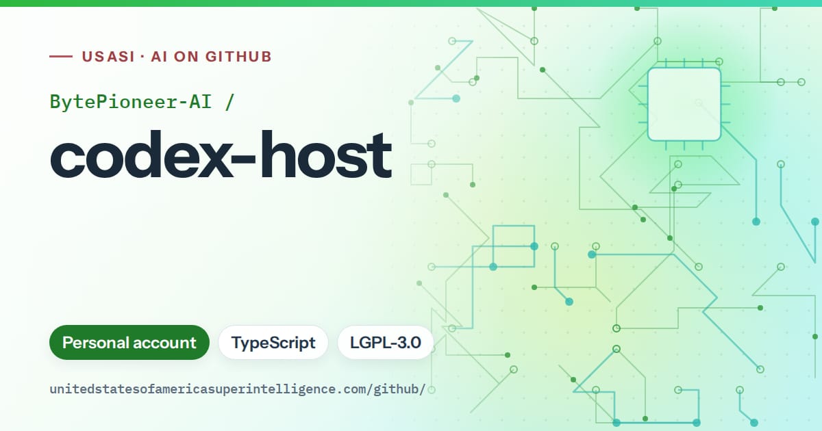 Generated green circuit-trace artwork for BytePioneer-AI/codex-host, labeled USASI · AI on GitHub, with Personal account · TypeScript · LGPL-3.0.
