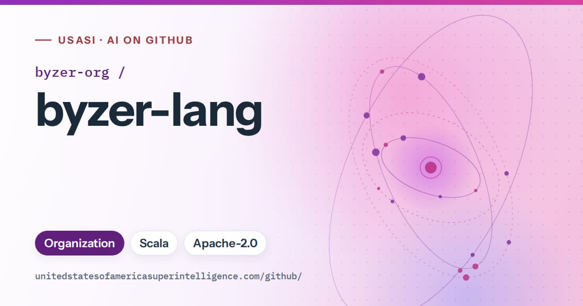 Generated violet orbit artwork for byzer-org/byzer-lang, labeled USASI · AI on GitHub, with Organization · Scala · Apache-2.0.