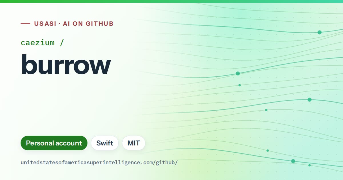 Generated green flowing-wave artwork for caezium/burrow, labeled USASI · AI on GitHub, with Personal account · Swift · MIT.