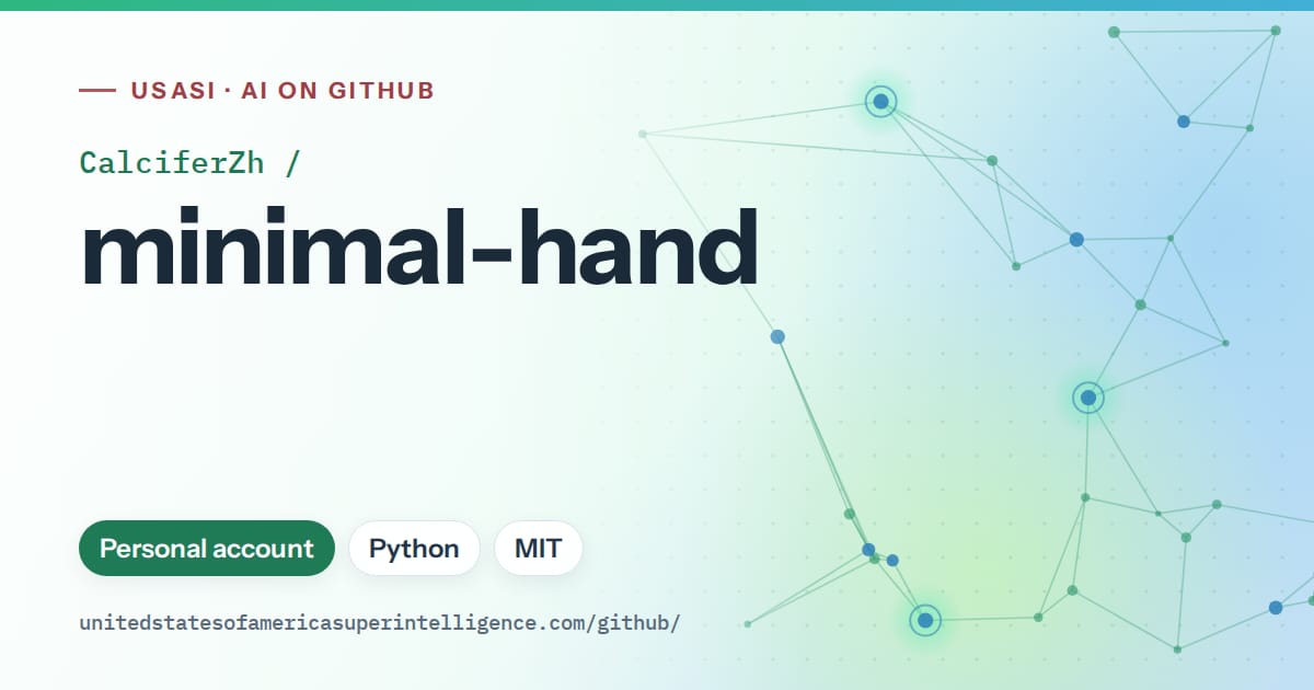 Generated teal constellation network artwork for CalciferZh/minimal-hand, labeled USASI · AI on GitHub, with Personal account · Python · MIT.