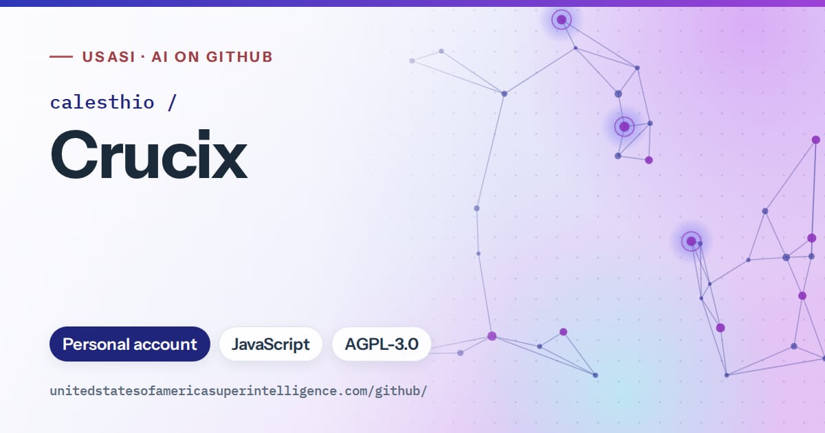 Generated blue constellation network artwork for calesthio/Crucix, labeled USASI · AI on GitHub, with Personal account · JavaScript · AGPL-3.0.