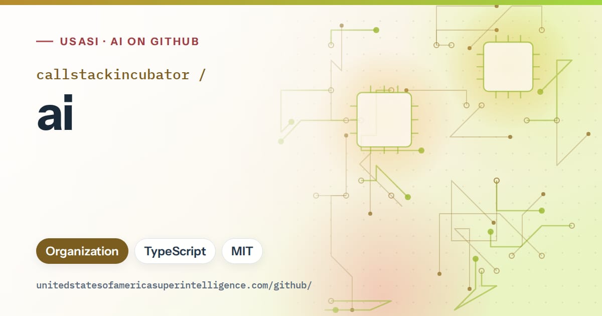 Generated orange circuit-trace artwork for callstackincubator/ai, labeled USASI · AI on GitHub, with Organization · TypeScript · MIT.