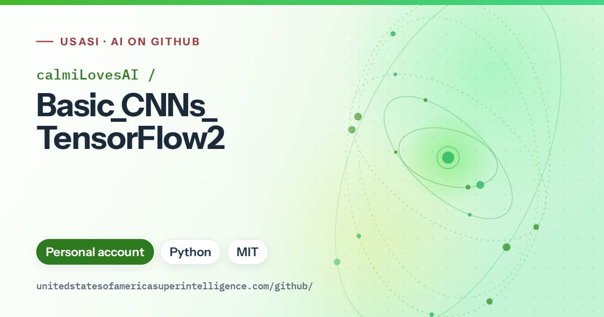Generated green orbit artwork for calmiLovesAI/Basic_CNNs_TensorFlow2, labeled USASI · AI on GitHub, with Personal account · Python · MIT.