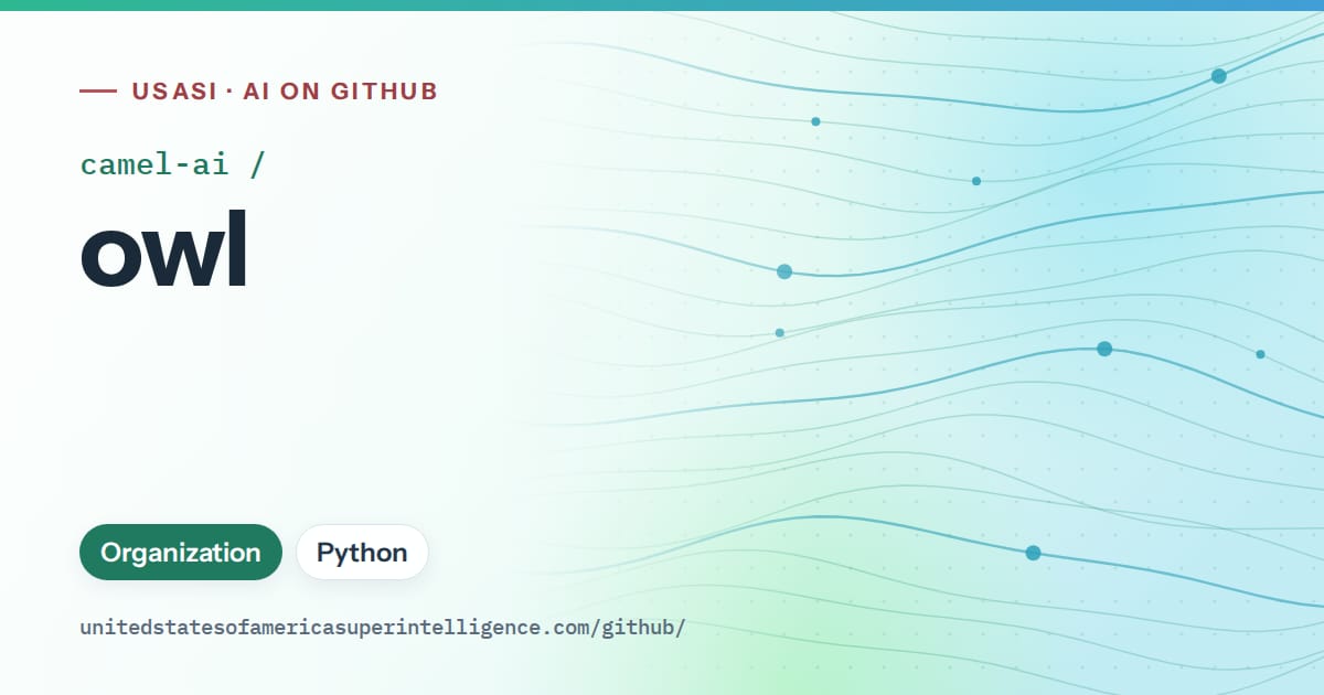 Generated teal flowing-wave artwork for camel-ai/owl, labeled USASI · AI on GitHub, with Organization · Python.