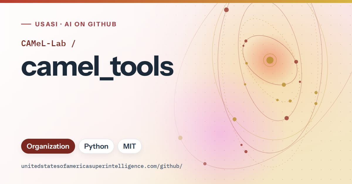 Generated red orbit artwork for CAMeL-Lab/camel_tools, labeled USASI · AI on GitHub, with Organization · Python · MIT.