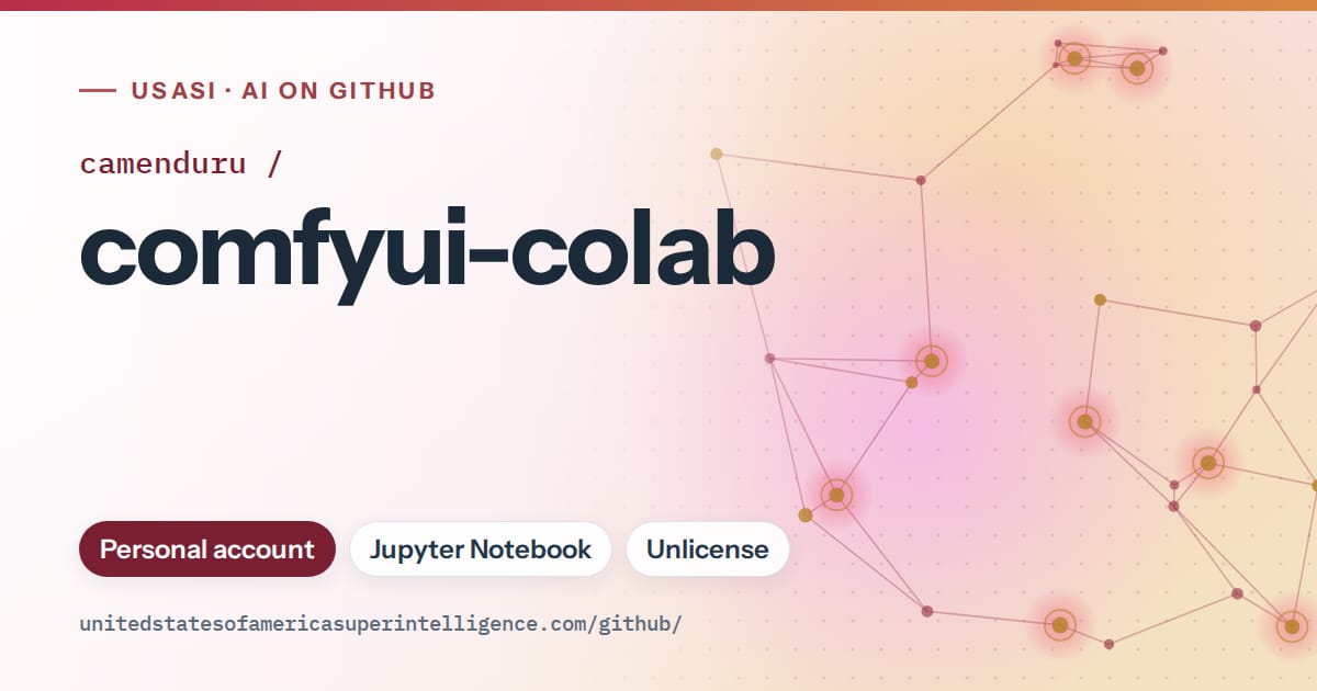 Generated red constellation network artwork for camenduru/comfyui-colab, labeled USASI · AI on GitHub, with Personal account · Jupyter Notebook · Unlicense.