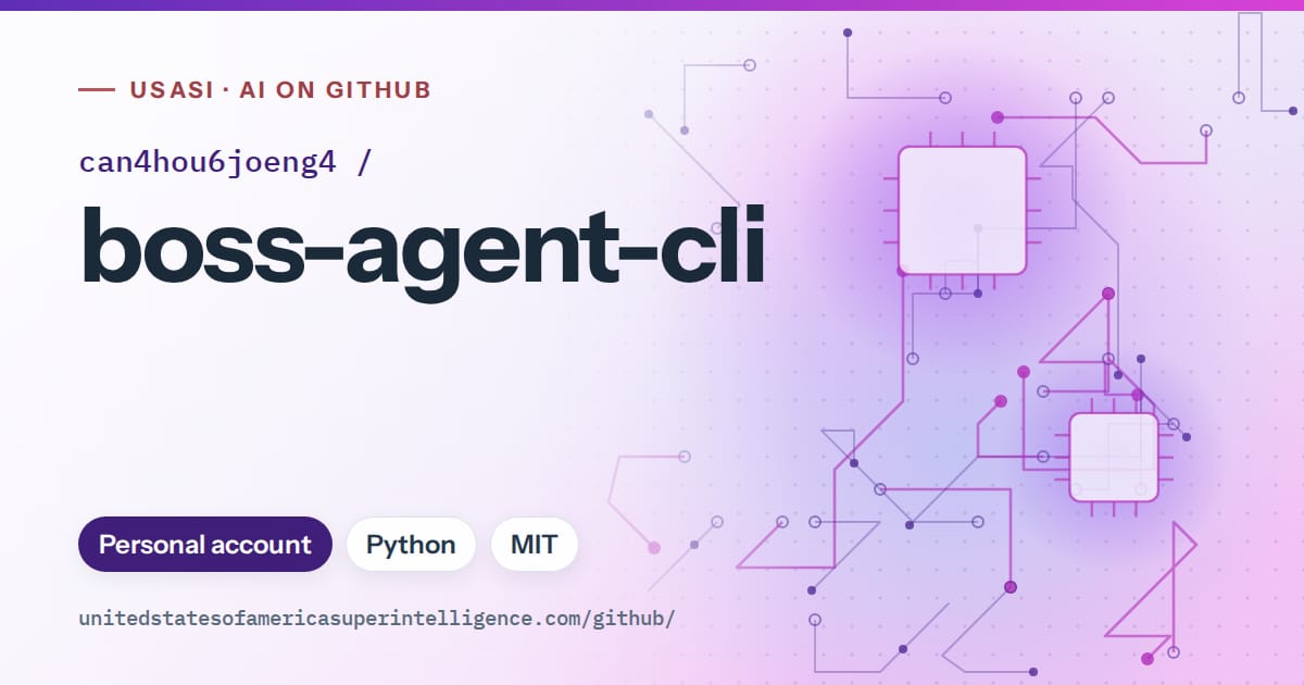 Generated violet circuit-trace artwork for can4hou6joeng4/boss-agent-cli, labeled USASI · AI on GitHub, with Personal account · Python · MIT.