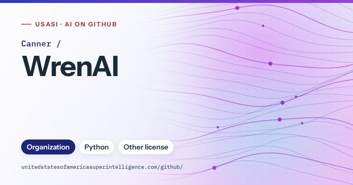 Generated blue flowing-wave artwork for Canner/WrenAI, labeled USASI · AI on GitHub, with Organization · Python · Other license.