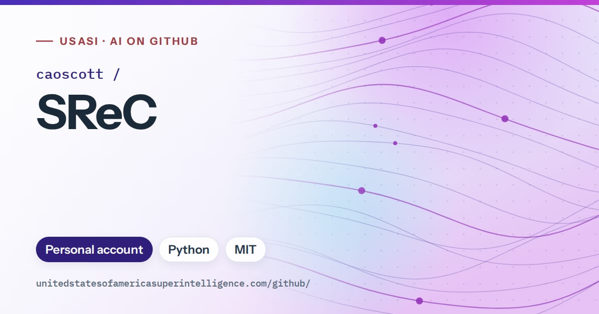 Generated violet flowing-wave artwork for caoscott/SReC, labeled USASI · AI on GitHub, with Personal account · Python · MIT.