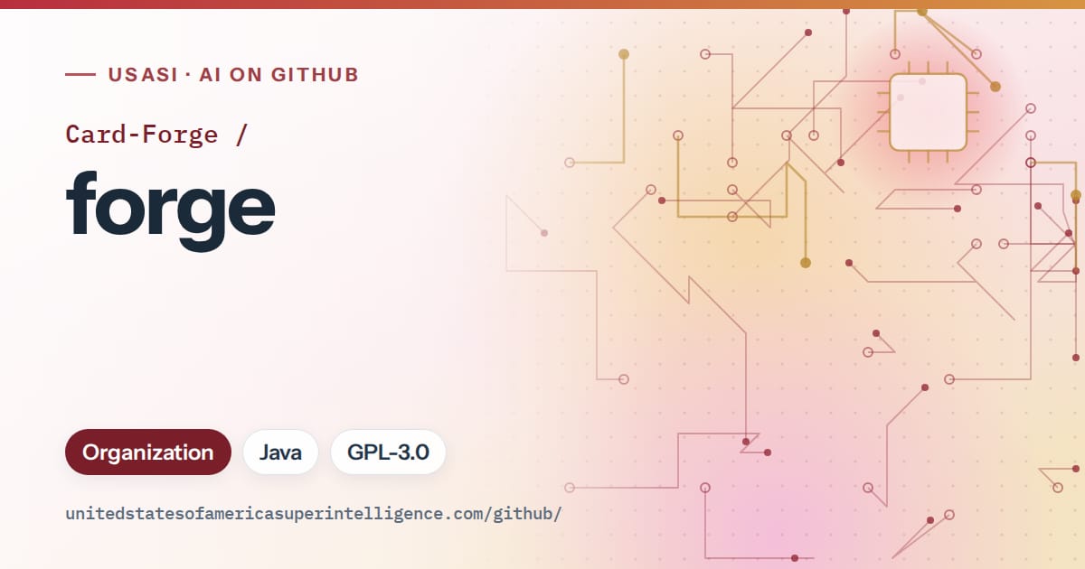 Generated red circuit-trace artwork for Card-Forge/forge, labeled USASI · AI on GitHub, with Organization · Java · GPL-3.0.