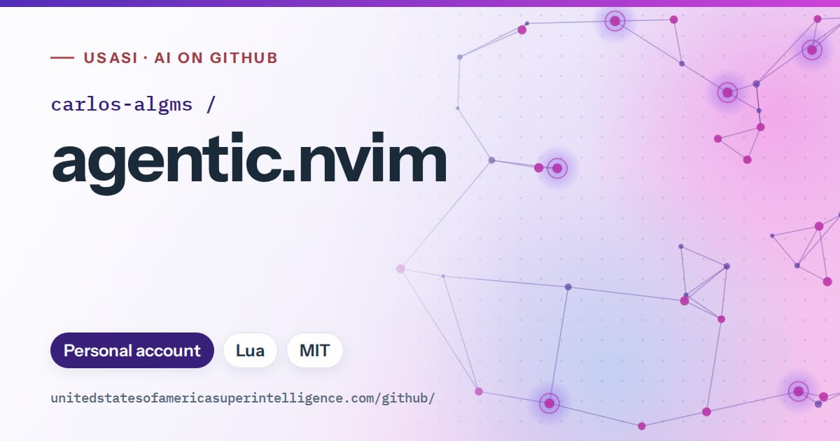Generated violet constellation network artwork for carlos-algms/agentic.nvim, labeled USASI · AI on GitHub, with Personal account · Lua · MIT.
