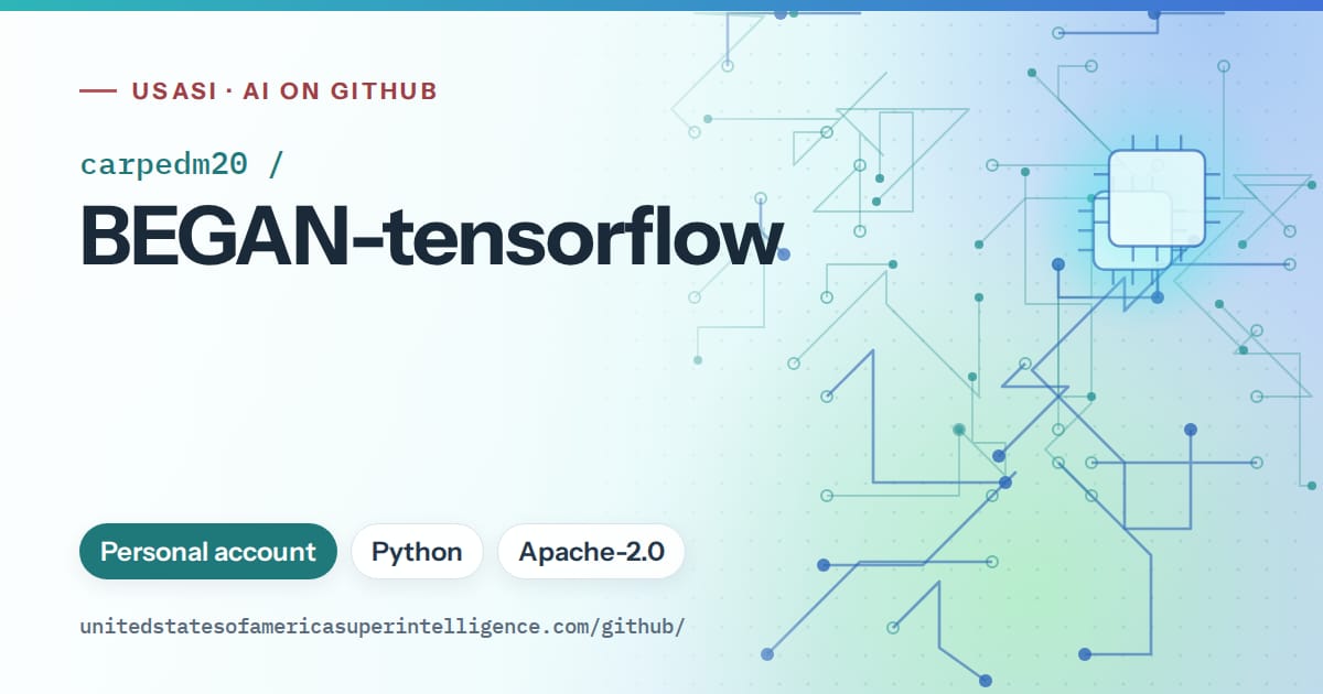 Generated teal circuit-trace artwork for carpedm20/BEGAN-tensorflow, labeled USASI · AI on GitHub, with Personal account · Python · Apache-2.0.