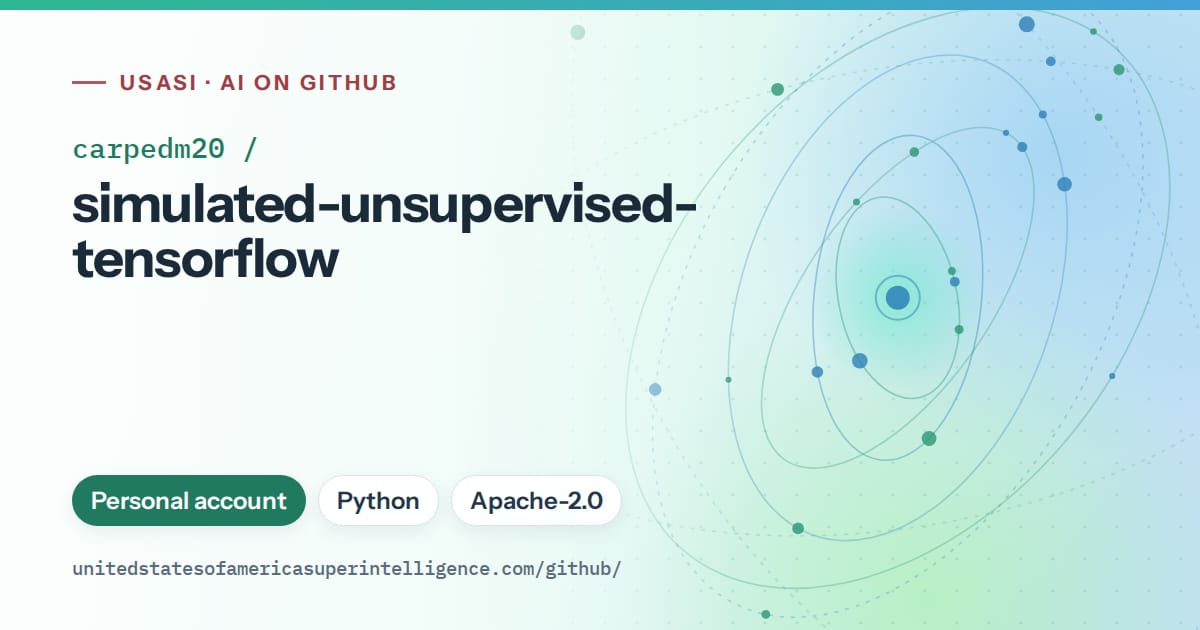 Generated teal orbit artwork for carpedm20/simulated-unsupervised-tensorflow, labeled USASI · AI on GitHub, with Personal account · Python · Apache-2.0.