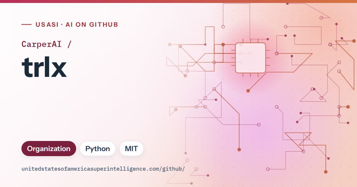 Generated pink circuit-trace artwork for CarperAI/trlx, labeled USASI · AI on GitHub, with Organization · Python · MIT.
