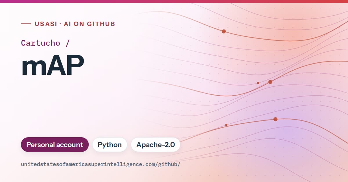 Generated purple flowing-wave artwork for Cartucho/mAP, labeled USASI · AI on GitHub, with Personal account · Python · Apache-2.0.