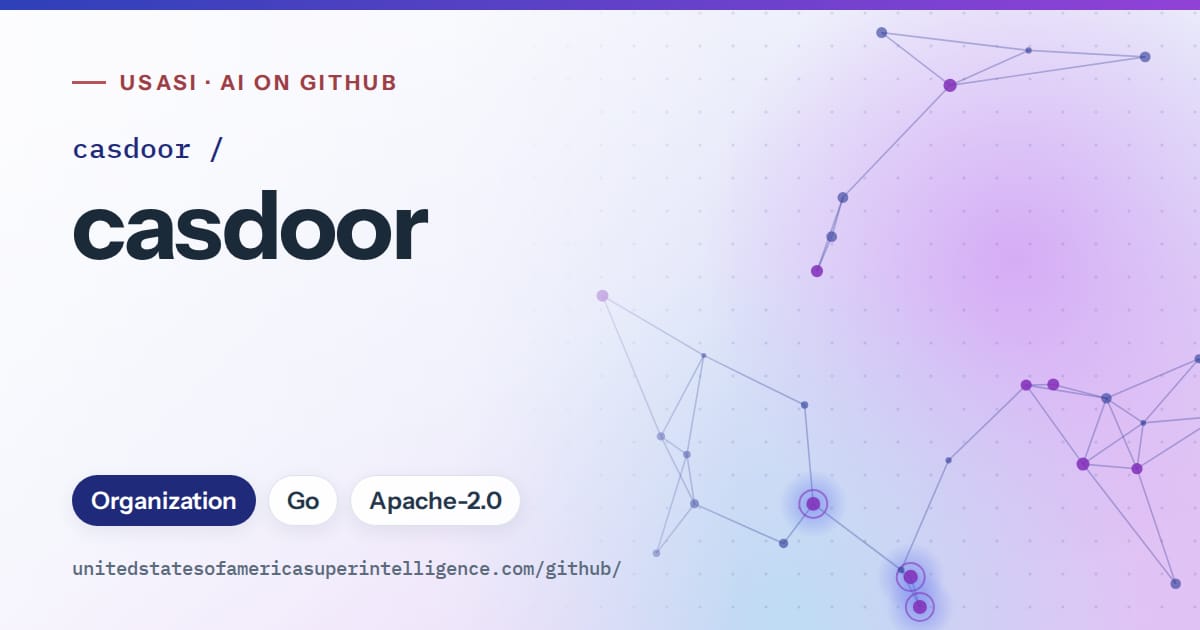 Generated blue constellation network artwork for casdoor/casdoor, labeled USASI · AI on GitHub, with Organization · Go · Apache-2.0.