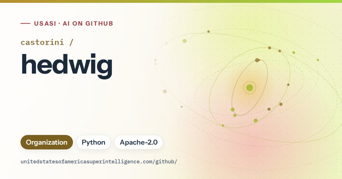 Generated orange orbit artwork for castorini/hedwig, labeled USASI · AI on GitHub, with Organization · Python · Apache-2.0.