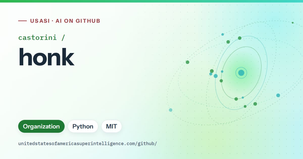 Generated green orbit artwork for castorini/honk, labeled USASI · AI on GitHub, with Organization · Python · MIT.
