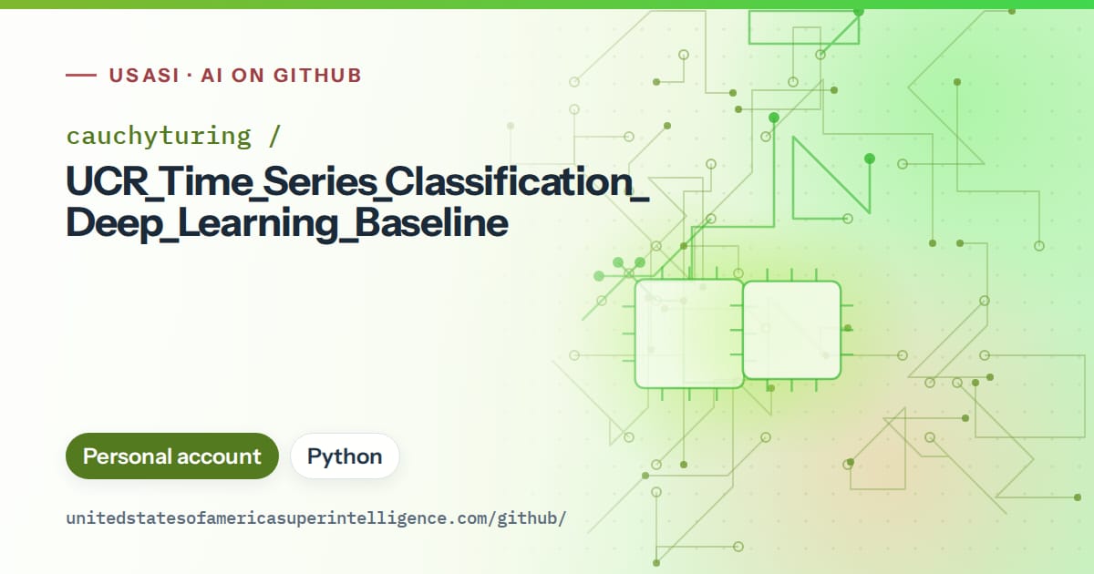 Generated green circuit-trace artwork for cauchyturing/UCR_Time_Series_Classification_Deep_Learning_Baseline, labeled USASI · AI on GitHub, with Personal account · Python.