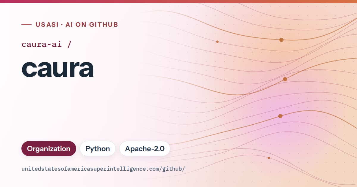 Generated pink flowing-wave artwork for caura-ai/caura, labeled USASI · AI on GitHub, with Organization · Python · Apache-2.0.